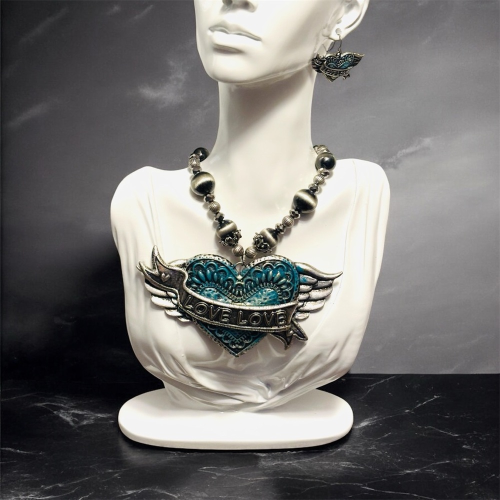 Silver and Turquoise Angel Heart Necklace and Earring Set